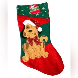 Christmas House Dog Stocking With Santa Hat & Bow 18" Red & Green Christmas